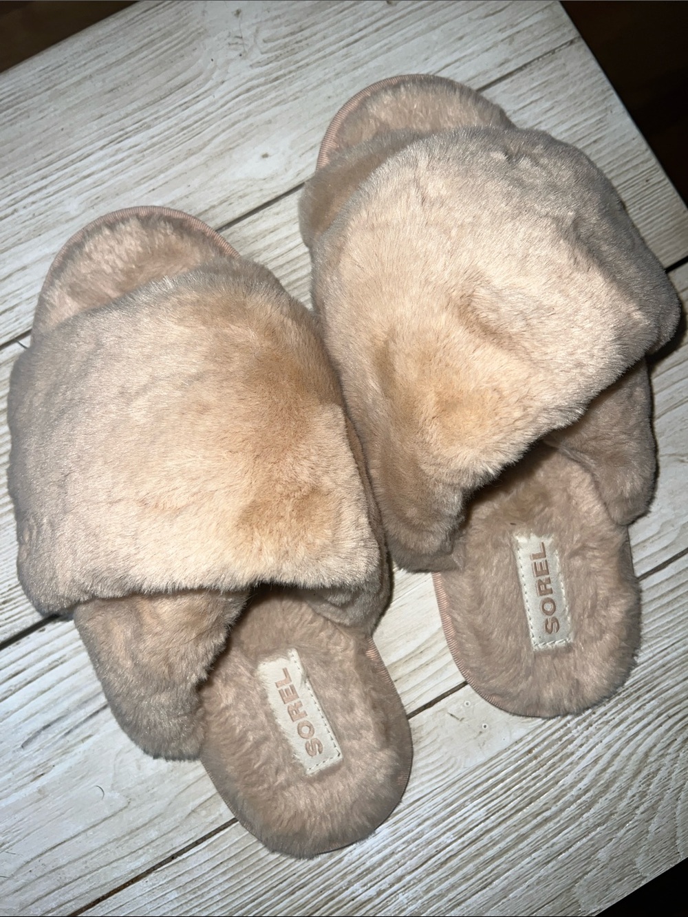 Sorel Women's Plush Faux-Fur Slide Slippers in Light Tan